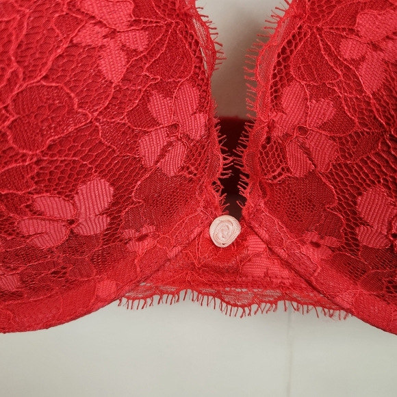 Victoria's Secret Red Lace Padded Push-Up Underwire Plunge Bra Size 32DDD Sexy - Picture 3 of 6